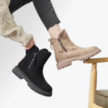 Women's black suede waterproof fur-lined winter ankle boots with a stylish design, showcasing soft fur lining and sturdy soles suitable for winter fashion and protection.