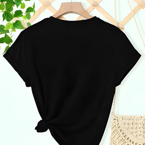 Women's black tie-front t-shirt featuring short sleeves and a casual, eco-friendly design ideal for summer wear. The top has a simple collar and a versatile shade suitable for various fashion styles.