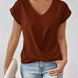 Women's brick red V-neck relaxed fit tee in size XXL, showcasing a soft and stylish casual wear design with short sleeves and a comfortable waist fit.