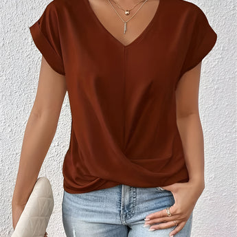 Women's brick red V-neck relaxed fit tee in size XXL, showcasing a soft and stylish casual wear design with short sleeves and a comfortable waist fit.