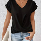 Women's black V-neck relaxed fit tee in XXL, showcasing a stylish and casual wear design with short sleeves and soft fabric.