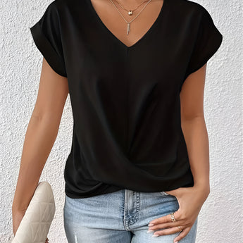 Women's black V-neck relaxed fit tee in XXL, showcasing a stylish and casual wear design with short sleeves and soft fabric.