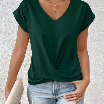 Women's green V-neck relaxed fit tee, featuring soft fabric and casual style, shown in size XXL.