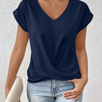 Women's blue V-neck relaxed fit tee in a soft fabric, designed for stylish casual wear with a comfortable XXL size.