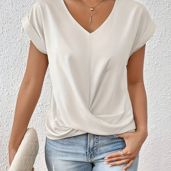 Women's white V-neck relaxed fit tee in XXL size, featuring a soft and stylish casual design with short sleeves.