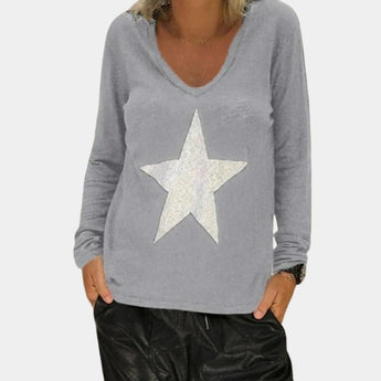 Women's gray V-neck long sleeve pullover sweater featuring sequin star embellishments on the front.