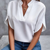 Women's white V-neck split sleeve blouse in XXL, featuring an elegant design suitable for summer work attire.
