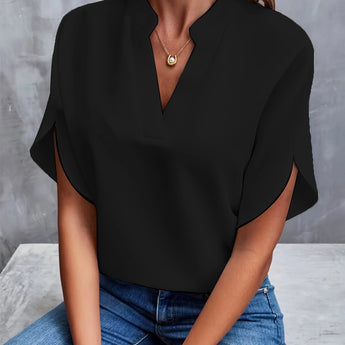 Women's black V-neck blouse with split sleeves, featuring an elegant design suitable for summer work attire, shown in Nero color and XXL size.