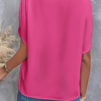 Women's black V-neck blouse with split sleeves, shown on a mannequin. The blouse features an elegant design suitable for summer work attire.