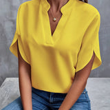 Yellow women's V-neck split sleeve blouse in XXL size, featuring elegant design details suitable for summer work attire.