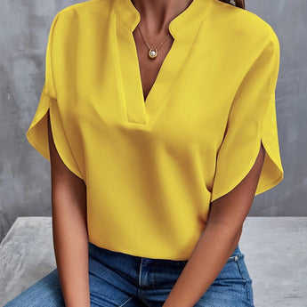 Yellow women's V-neck split sleeve blouse in XXL size, featuring elegant design details suitable for summer work attire.