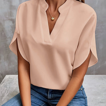 Women's apricot V-neck split sleeve blouse in XXL size, featuring a stylish and elegant design suitable for summer work attire.