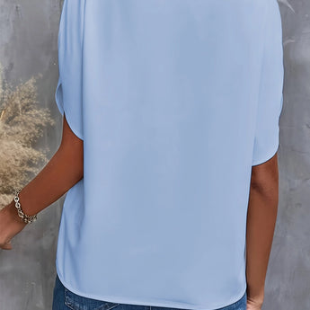 Women's black V-neck split sleeve blouse designed for an elegant summer work look. The blouse features a flattering neckline with stylish split sleeves, perfect for a fashionable and professional appearance.