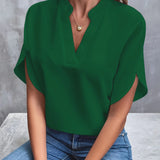 Women's green V-neck blouse in XXL size with split sleeves, designed as an elegant summer work top.