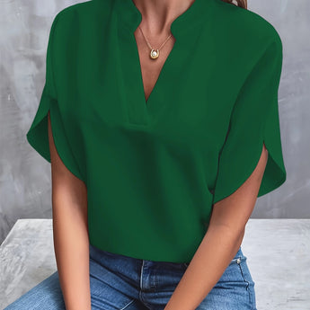Women's green V-neck blouse in XXL size with split sleeves, designed as an elegant summer work top.