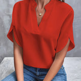 Women's red V-neck split sleeve blouse in XXL, showcasing elegant design suitable for summer work attire.