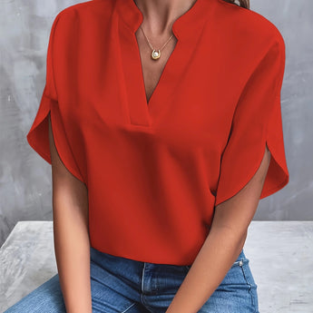 Women's red V-neck split sleeve blouse in XXL, showcasing elegant design suitable for summer work attire.