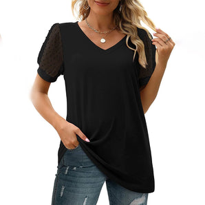 Women's black V-neck t-shirt with polka dot mesh sleeves, shown in size 2XL.