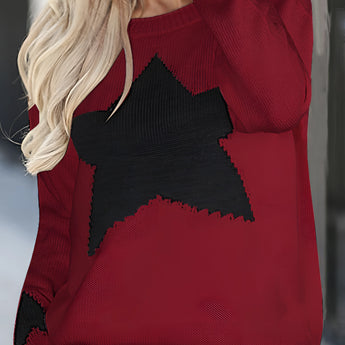 Women's black and white star pattern crewneck sweater with long sleeves, showing a cozy knit design, suitable for outerwear, available in Style 3, size XL.