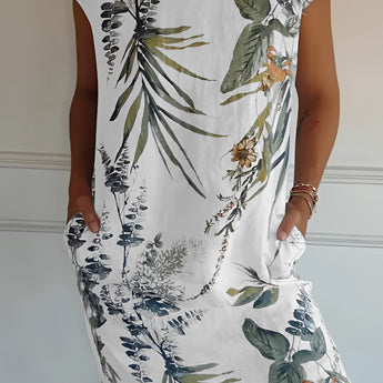 Women's white knee-length dress with short sleeves, featuring a floral pattern and lightweight fabric ideal for summer, shown on a mannequin.