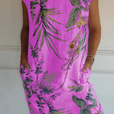 Women's 5XL blue floral knee-length dress in a lightweight fabric, featuring a tunic style with short sleeves and a comfortable fit, ideal for summer wear.