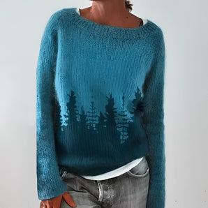 Women's blue forest print knitted sweater in size 5XL, featuring a casual chic pullover design with long sleeves and a comfortable fit. The sweater showcases a blend of subtle azure and grey tones with forest-themed patterns.