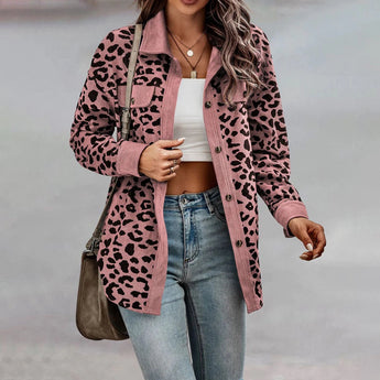 
A woman wearing a chic and stylish blue leopard print shirt, featuring long sleeves and a relaxed fit. The shirt is complemented by the woman standing confidently, showcasing the 3XL size with a rose color variant.