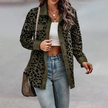 Women's olive green leopard print shirt with a chic and stylish design, featuring a collar, long sleeves, and tailored fit suitable for a 3XL size.