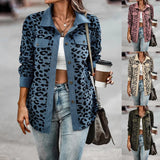 Women's blue leopard print shirt featuring a stylish animal pattern, with a focus on the elegant design and comfortable fit. The shirt includes long sleeves, a classic collar, and a tailored waist, perfect for a chic and fashionable look.