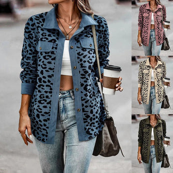 Women's blue leopard print shirt featuring a stylish animal pattern, with a focus on the elegant design and comfortable fit. The shirt includes long sleeves, a classic collar, and a tailored waist, perfect for a chic and fashionable look.