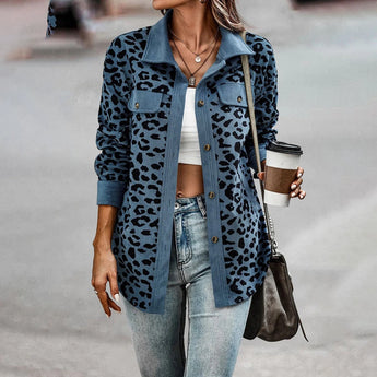 
A stylish women's blue leopard print shirt featuring a chic animal pattern. The blouse has a classic collar, long sleeves, and a relaxed fit, perfect for a fashionable yet comfortable look. Shown in size 3XL, the shirt is paired with casual denim and accessorized with trendy sunglasses.