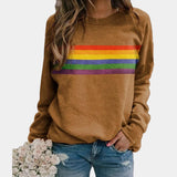 Women's blue rainbow stripe crew neck long-sleeve sweatshirt in khaki, size 3XL, displayed on a mannequin with emphasis on the colorful striped pattern and cozy design.