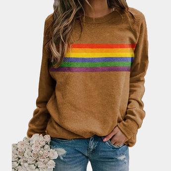 Women's blue rainbow stripe crew neck long-sleeve sweatshirt in khaki, size 3XL, displayed on a mannequin with emphasis on the colorful striped pattern and cozy design.