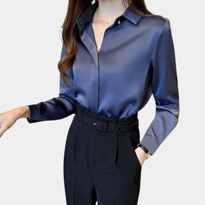 Women's formal button-up blouse in blue satin silk, featuring long sleeves and a classic collar, in size 3XL.