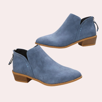 Blue suede women's ankle boots with a pointed toe and mid-heel design, featuring a sleek and fashionable silhouette.