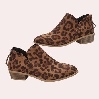 Women's blue suede ankle boots with a leopard print pattern, featuring a pointed toe and mid-heel design. The booties are crafted from natural materials and have fashionable metal accents, making them a stylish and trendy footwear choice.