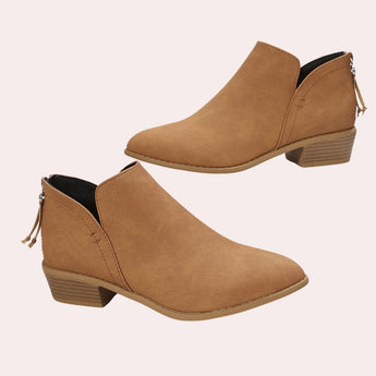 Brown suede ankle boots for women featuring a pointed toe and mid-heel design, showcasing a stylish and comfortable fashion accessory.