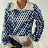 Women's blue and white houndstooth crewneck sweater featuring a retro knitwear design, shown in marine blue and apricot color combination in size 2XL. The sweater has long sleeves and a classic tartan pattern, emphasizing the neck and waist areas.