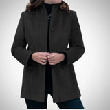 Elegant women's black wool coat in 3XL size, showcasing a tailored winter jacket design with a structured collar, long sleeves, and a sophisticated overcoat style.