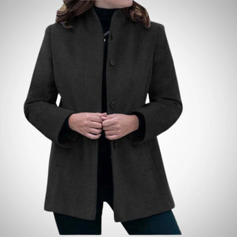 Elegant women's black wool coat in 3XL size, showcasing a tailored winter jacket design with a structured collar, long sleeves, and a sophisticated overcoat style.