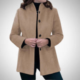 Women's elegant designer tailored winter coat in khaki, featuring a structured silhouette with long sleeves and a refined neckline.