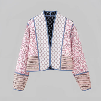 Women's pink bohemian ethnic print bomber jacket featuring a lightweight design suitable for spring, with a collar and long sleeves, size large.