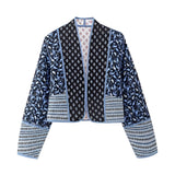 Women's bohemian ethnic print bomber jacket in blue, featuring a lightweight design perfect for spring. The jacket is styled with a classic collar, full sleeves, and intricate ethnic patterns, offering a casual yet chic look.