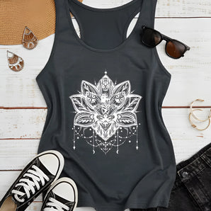 Women's gray racerback tank top featuring a bohemian lotus mandala design, suitable for yoga and casual wear.