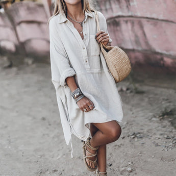 Women's lightweight grey bohemian V-neck beachwear dress, white variant, size 3XL, with short sleeves and relaxed waist fit.