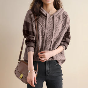 Women's Brown Cable Knit Hoodie - Chunky Fall & Winter Sweater