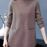 Women's brown chevron crew neck sweater in a winter fashion pullover style, featuring long sleeves and a relaxed fit in size 3XL.