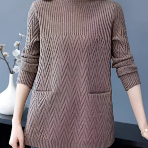Women's brown chevron crew neck sweater in a winter fashion pullover style, featuring long sleeves and a relaxed fit in size 3XL.