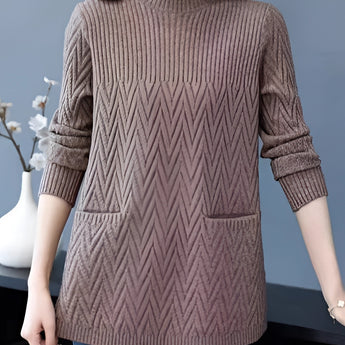 Women's brown chevron crew neck sweater in a winter fashion pullover style, featuring long sleeves and a relaxed fit in size 3XL.