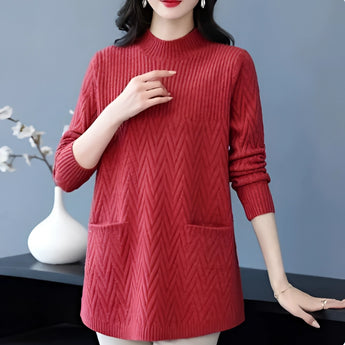 Women's brown chevron crew neck sweater in style 2, size 3XL, featuring long sleeves and a cozy winter fashion pullover design, displayed on a standing model.